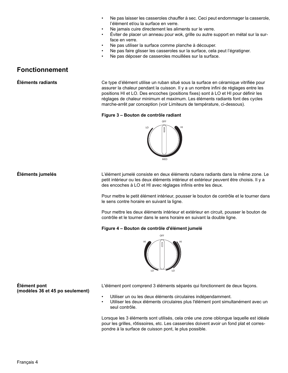 Fonctionnement, Éléments radiants, Éléments jumelés | Élément pont (modèles 36 et 45 po seulement) | Thermador CEM365 User Manual | Page 18 / 40