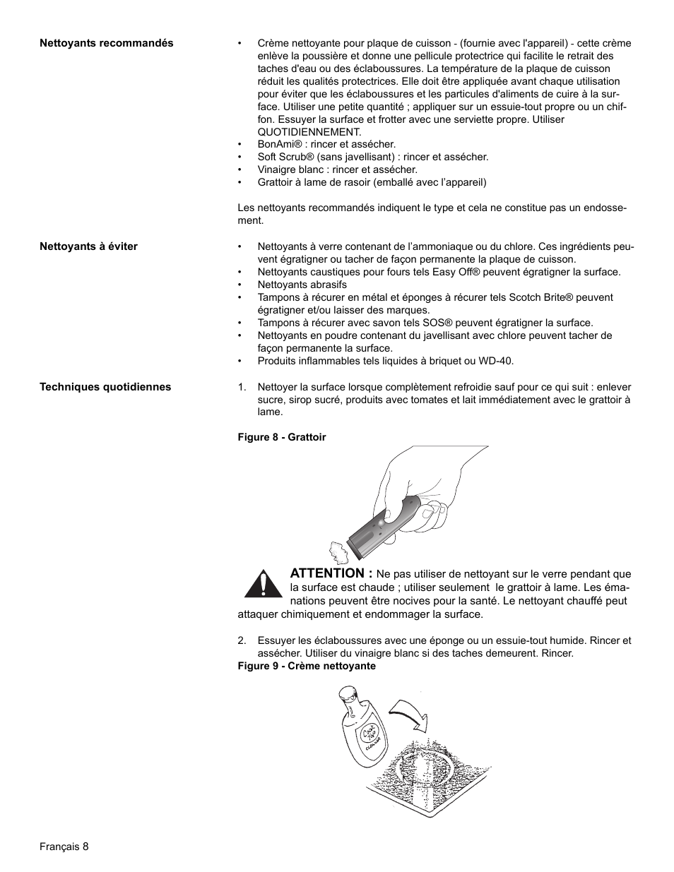 Nettoyants recommandés, Nettoyants à éviter, Techniques quotidiennes | Attention | Thermador CEM365 User Manual | Page 22 / 40