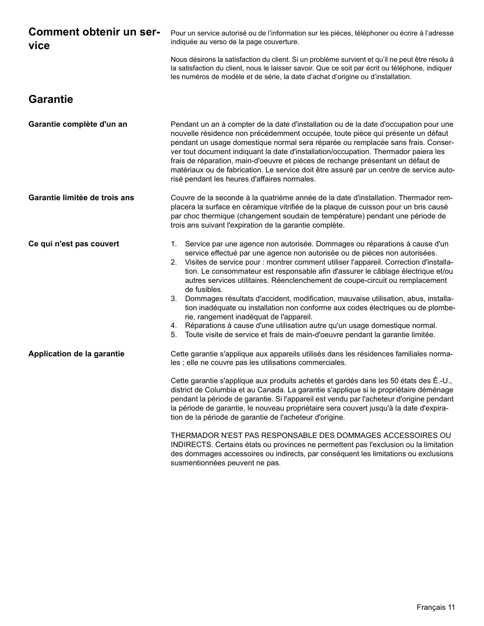 Comment obtenir un service, Garantie, Garantie complète d'un an | Garantie limitée de trois ans, Ce qui n'est pas couvert, Application de la garantie, Comment obtenir un ser- vice | Thermador CEM365 User Manual | Page 25 / 40