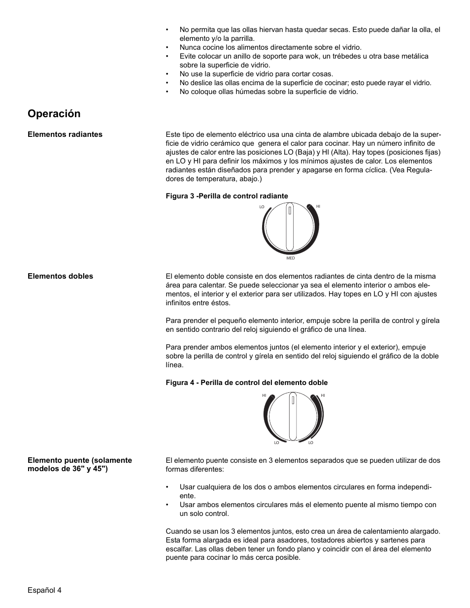 Operación, Elementos radiantes, Elementos dobles | Elemento puente (solamente modelos de 36" y 45") | Thermador CEM365 User Manual | Page 30 / 40