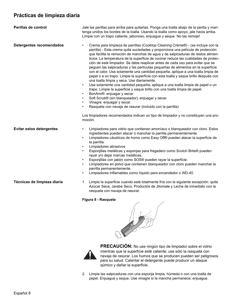 Prácticas de limpieza diaria, Perillas de control, Detergentes recomendados | Evitar estos detergentes, Técnicas de limpieza diaria, Precaución | Thermador CEM365 User Manual | Page 34 / 40