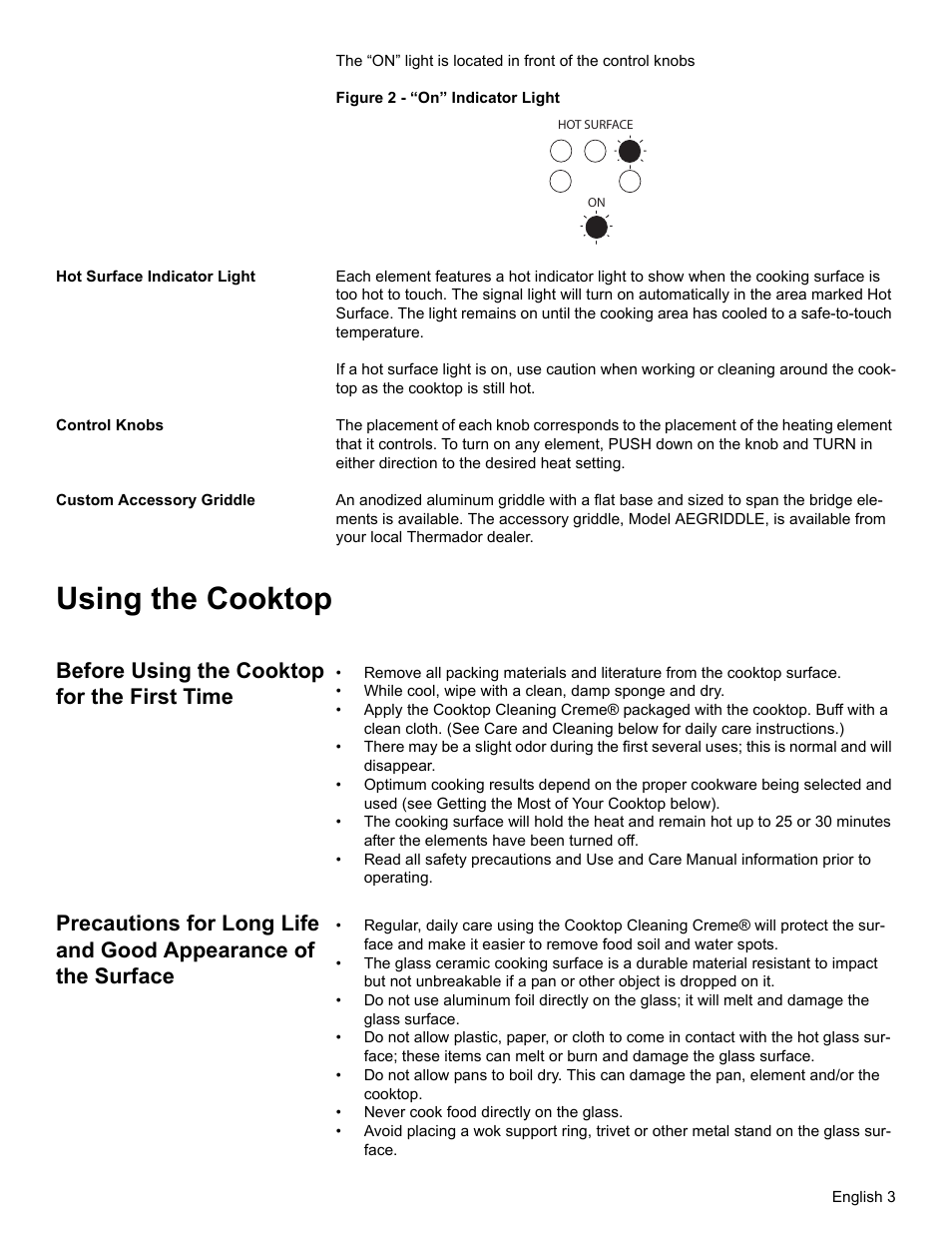 Hot surface indicator light, Control knobs, Custom accessory griddle | Using the cooktop, Before using the cooktop for the first time | Thermador CEM365 User Manual | Page 5 / 40