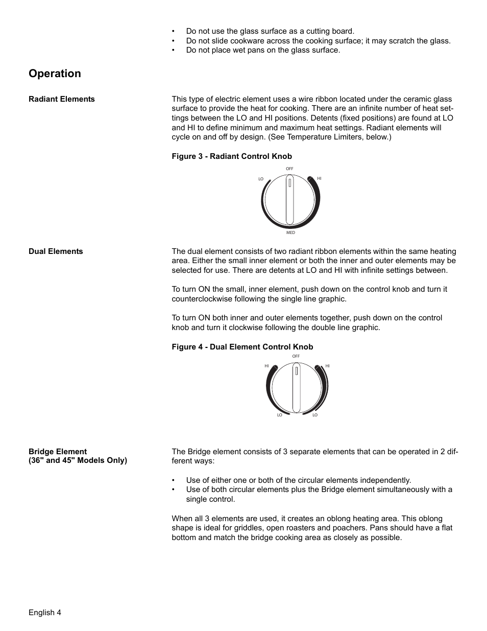 Operation, Radiant elements, Dual elements | Bridge element (36" and 45" models only) | Thermador CEM365 User Manual | Page 6 / 40