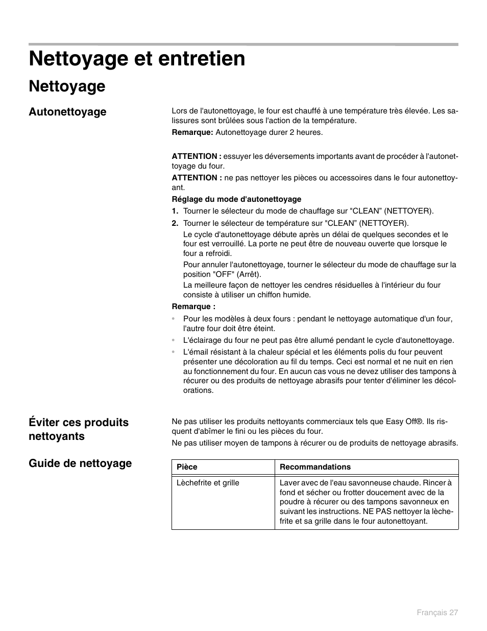 Nettoyage et entretien, Nettoyage, Autonettoyage | Éviter ces produits nettoyants, Guide de nettoyage, Éviter ces produits nettoyants guide de nettoyage | Thermador PO301 User Manual | Page 104 / 120