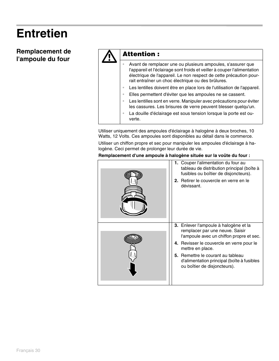 Entretien, Remplacement de l'ampoule du four | Thermador PO301 User Manual | Page 107 / 120