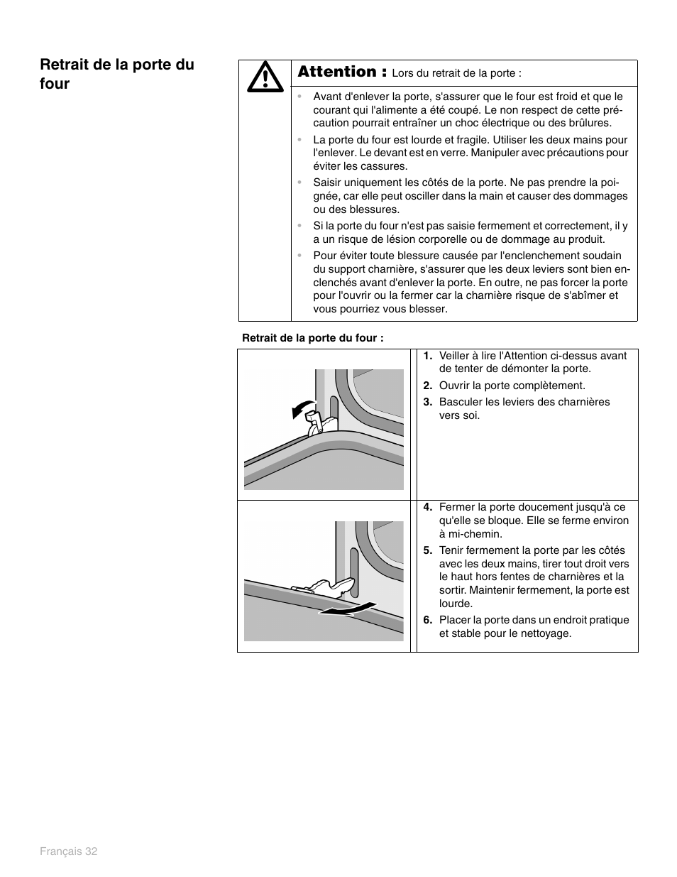 Retrait de la porte du four, Attention | Thermador PO301 User Manual | Page 109 / 120