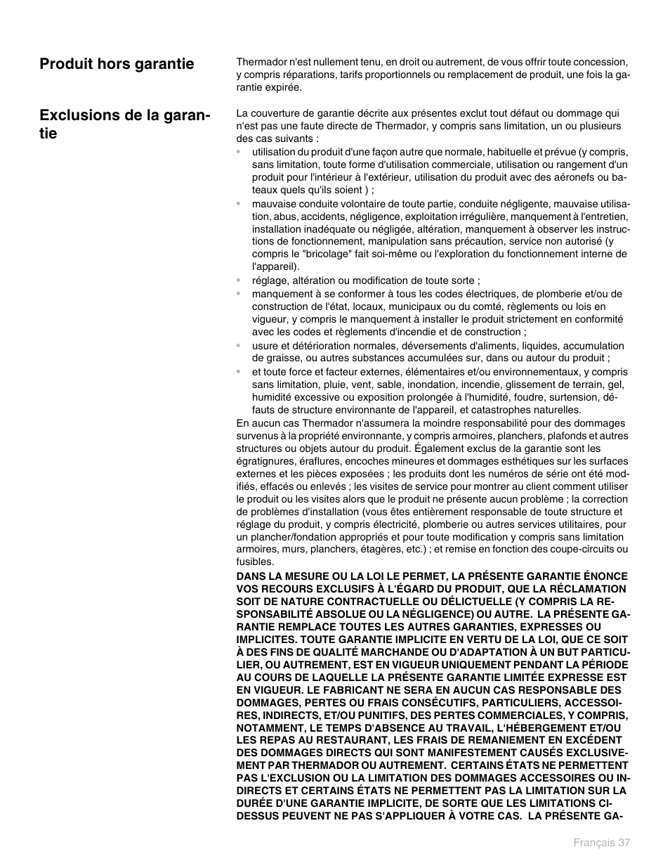 Produit hors garantie, Exclusions de la garantie, Exclusions de la garan- tie | Thermador PO301 User Manual | Page 114 / 120