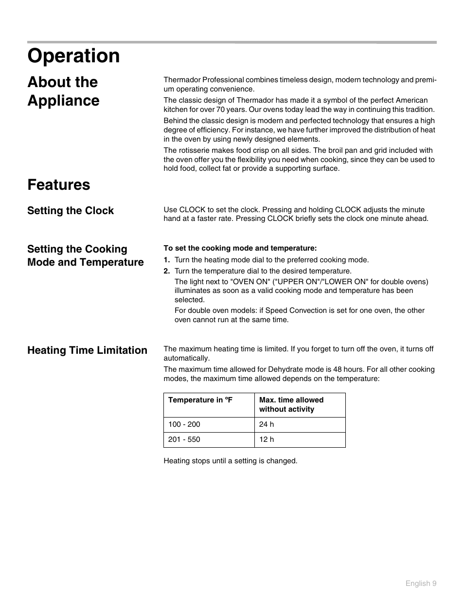 Operation, About the appliance, Features | Setting the clock, Setting the cooking mode and temperature, Heating time limitation | Thermador PO301 User Manual | Page 13 / 120