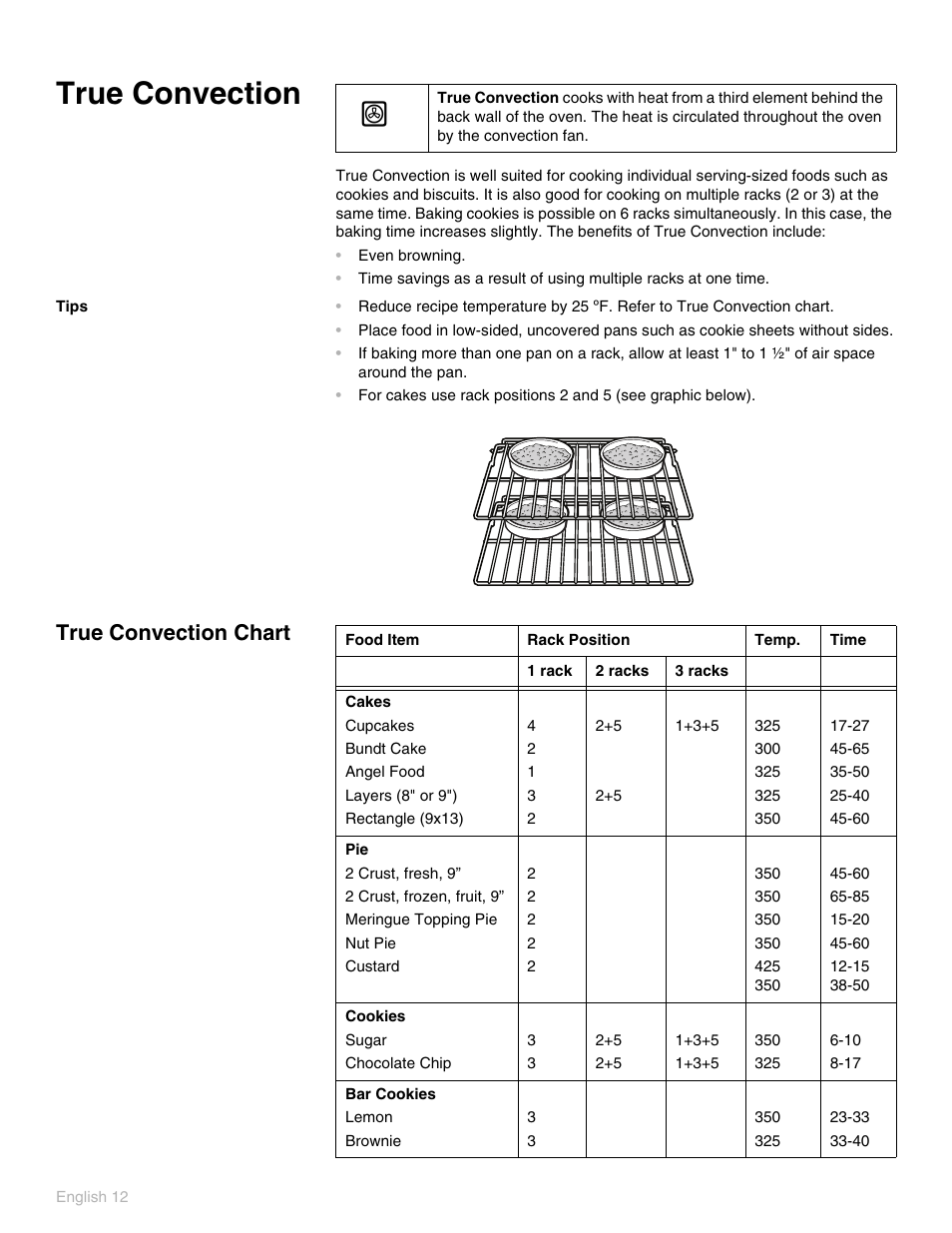 True convection, Tips, True convection chart | Thermador PO301 User Manual | Page 16 / 120