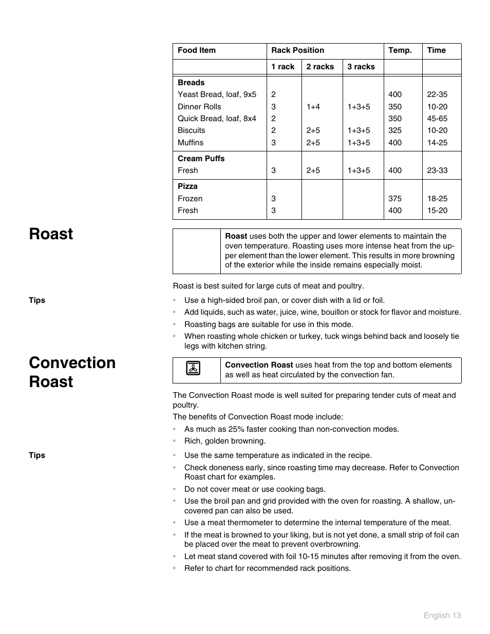 Roast, Tips, Convection roast | Thermador PO301 User Manual | Page 17 / 120