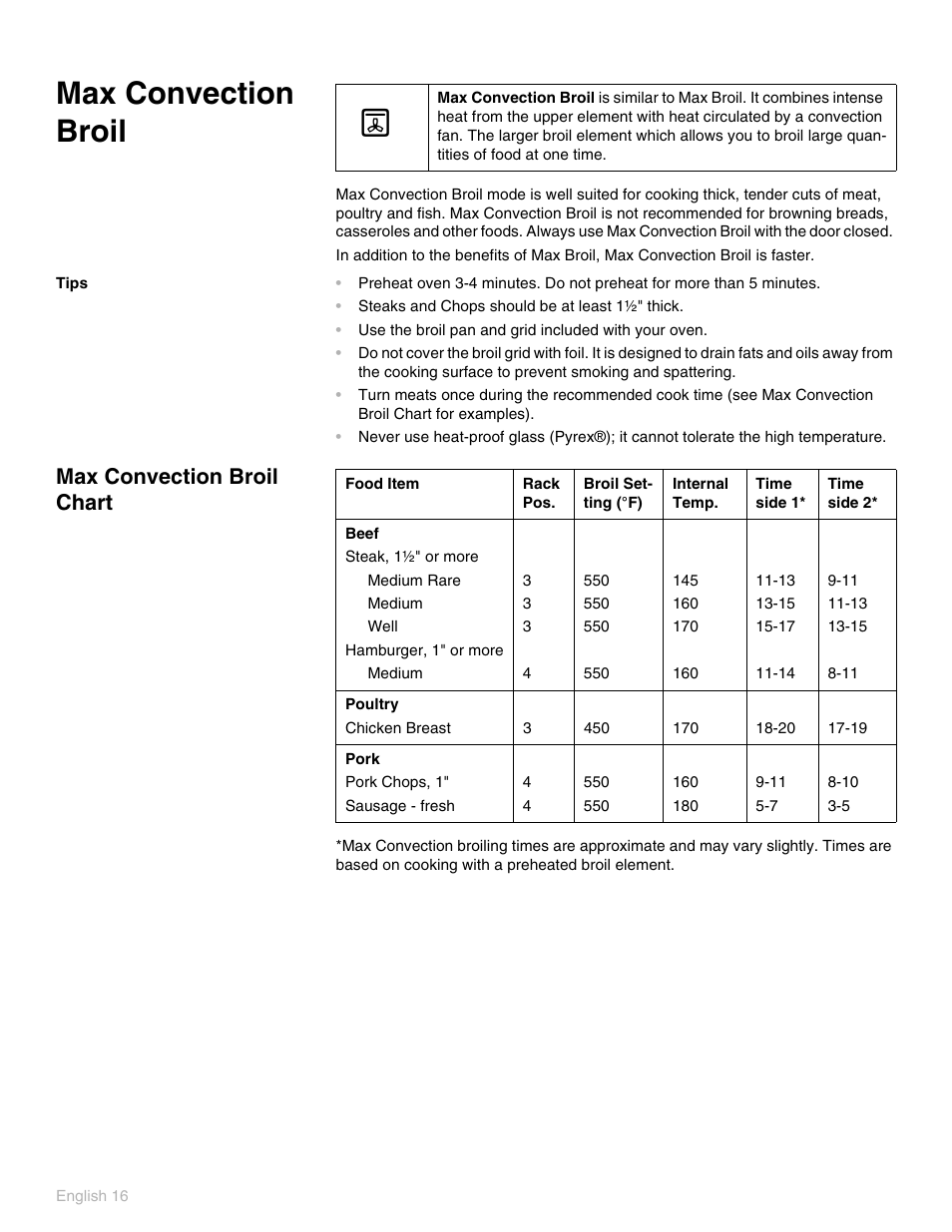 Max convection broil, Tips, Max convection broil chart | Thermador PO301 User Manual | Page 20 / 120