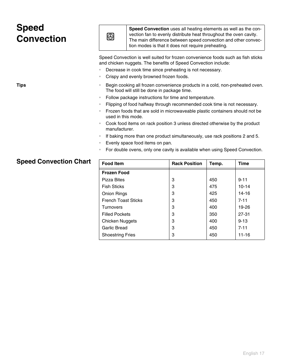 Speed convection, Tips, Speed convection chart | Thermador PO301 User Manual | Page 21 / 120