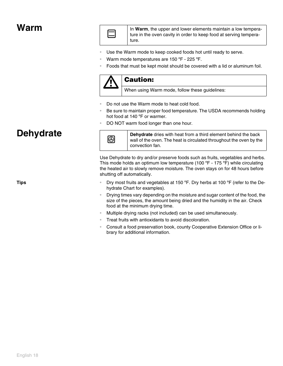 Warm, Dehydrate, Tips | Thermador PO301 User Manual | Page 22 / 120