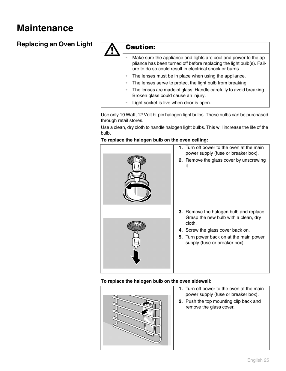 Maintenance, Replacing an oven light, Caution | Thermador PO301 User Manual | Page 29 / 120