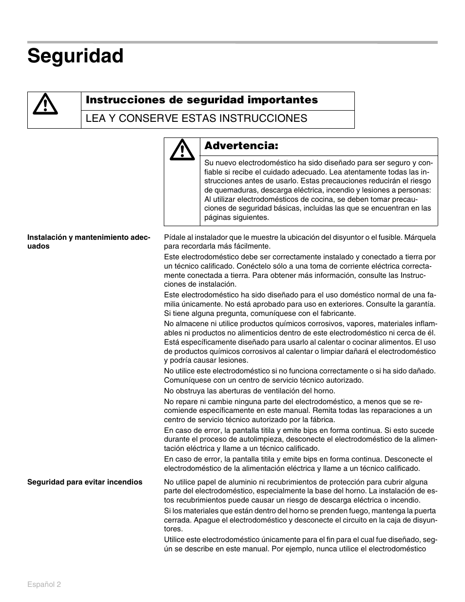 Seguridad, Instalación y mantenimiento adecuados, Seguridad para evitar incendios | Thermador PO301 User Manual | Page 39 / 120