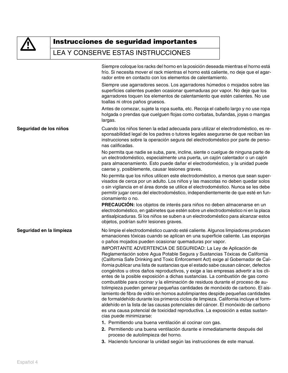 Seguridad de los niños, Seguridad en la limpieza | Thermador PO301 User Manual | Page 41 / 120