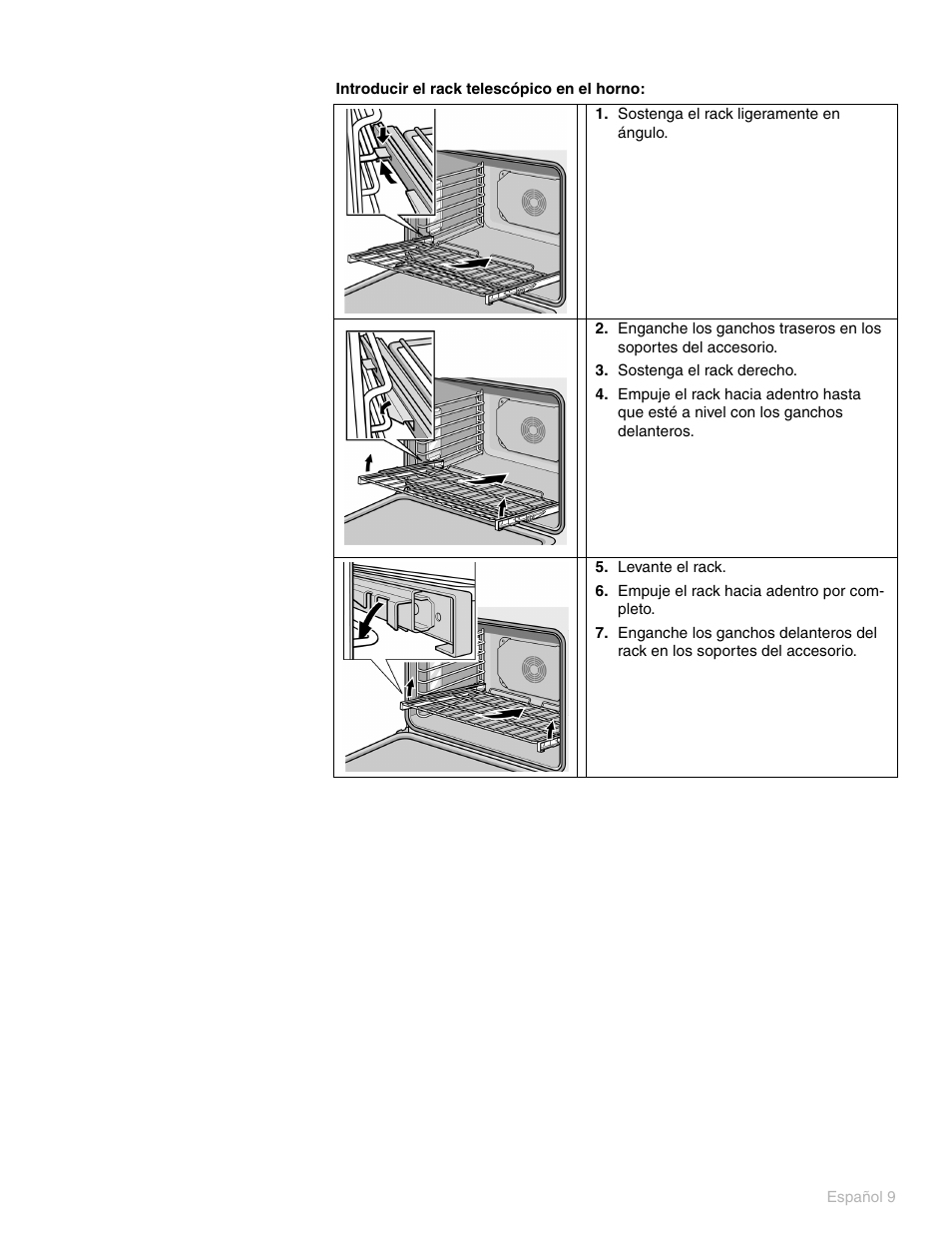 Sostenga el rack ligeramente en ángulo, Sostenga el rack derecho, Levante el rack | Empuje el rack hacia adentro por completo | Thermador PO301 User Manual | Page 46 / 120