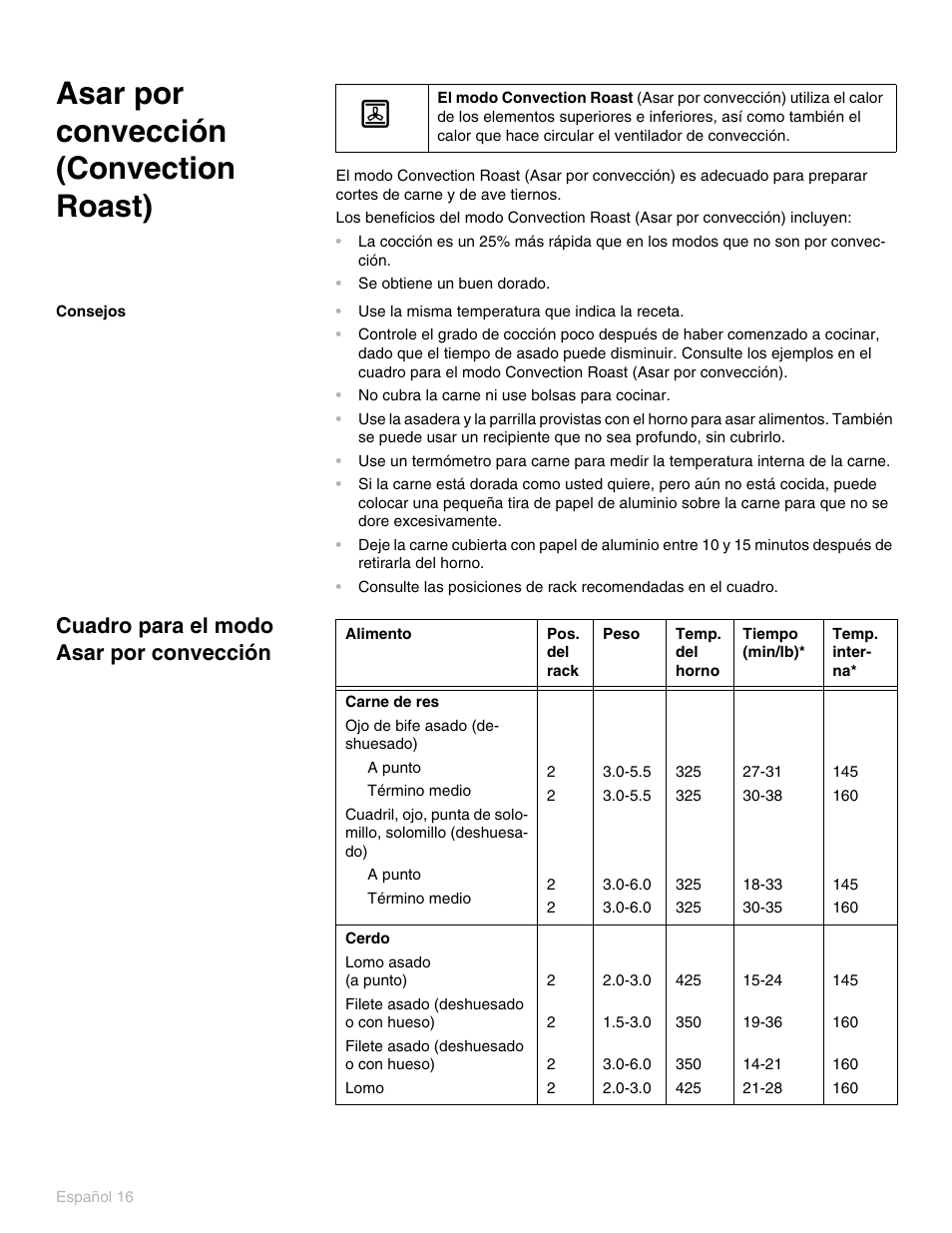 Asar por convección (convection roast), Consejos, Cuadro para el modo asar por convección | Thermador PO301 User Manual | Page 53 / 120