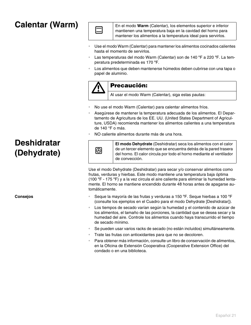 Calentar (warm), Deshidratar (dehydrate), Consejos | Thermador PO301 User Manual | Page 58 / 120