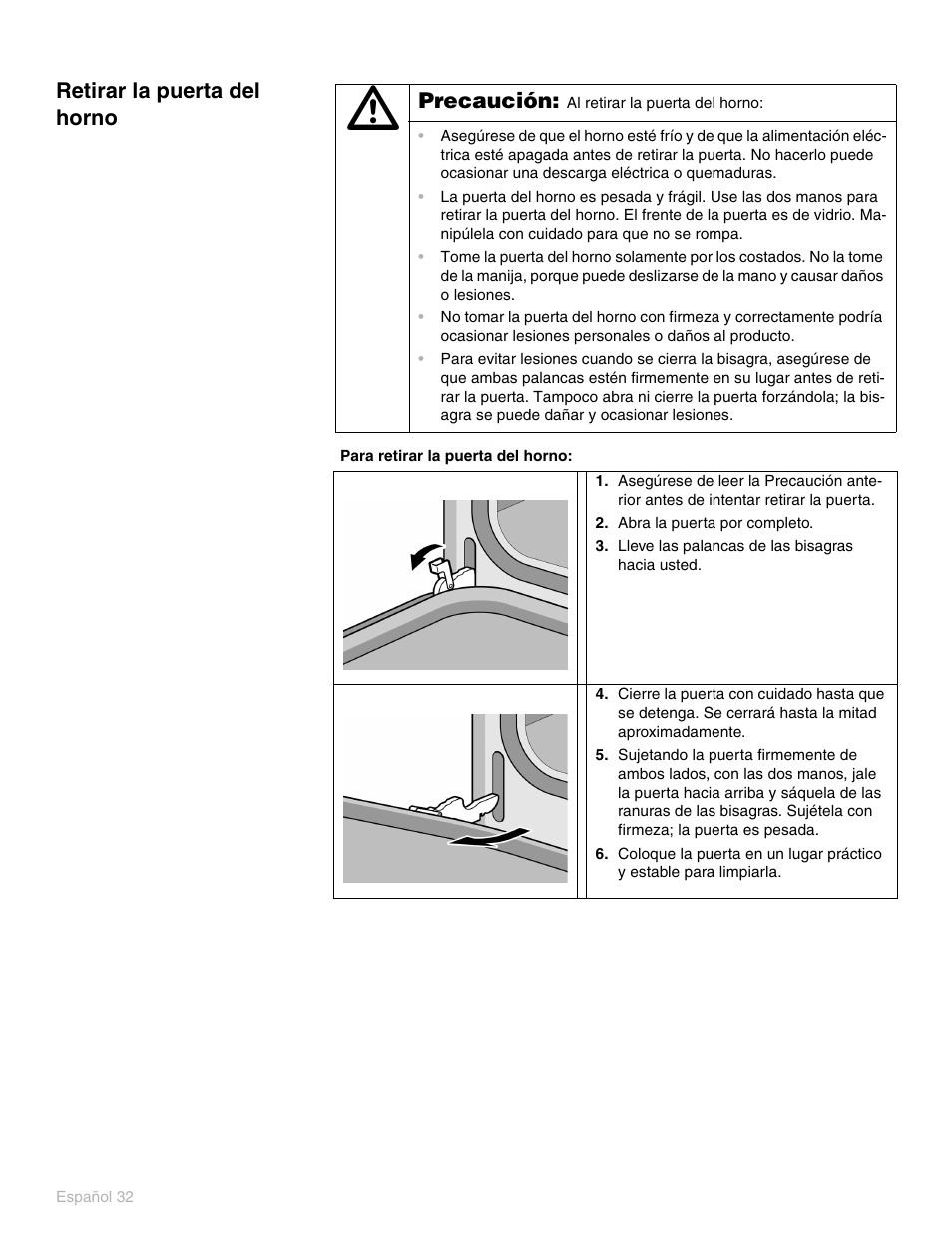 Retirar la puerta del horno, Precaución | Thermador PO301 User Manual | Page 69 / 120