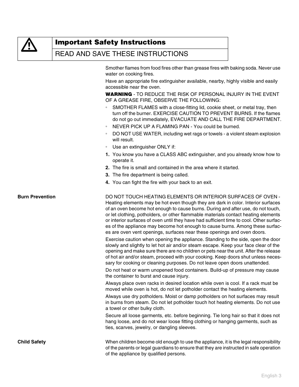 The fire department is being called, You can fight the fire with your back to an exit, Burn prevention | Child safety | Thermador PO301 User Manual | Page 7 / 120
