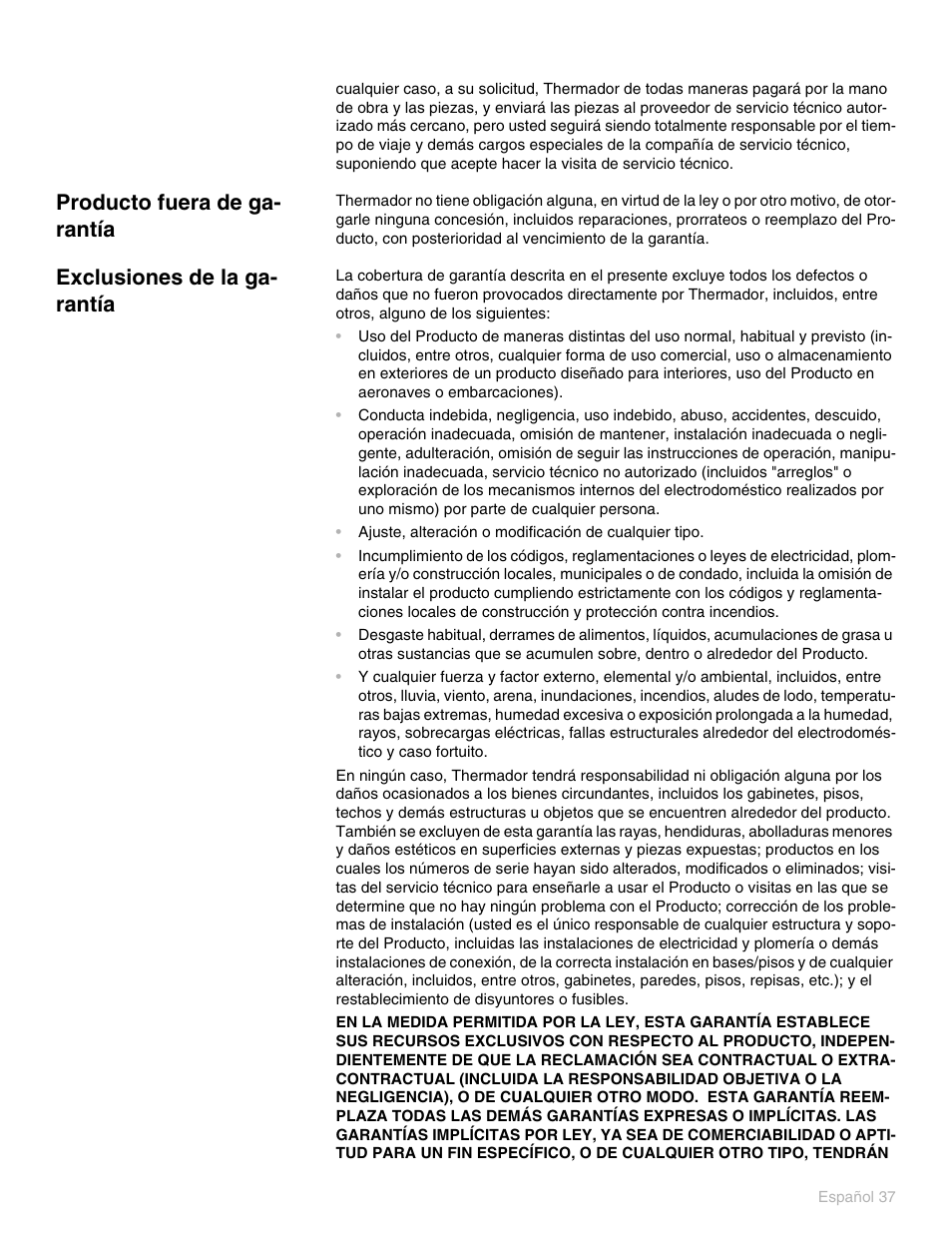 Producto fuera de garantía, Exclusiones de la garantía, Producto fuera de ga- rantía | Exclusiones de la ga- rantía | Thermador PO301 User Manual | Page 74 / 120