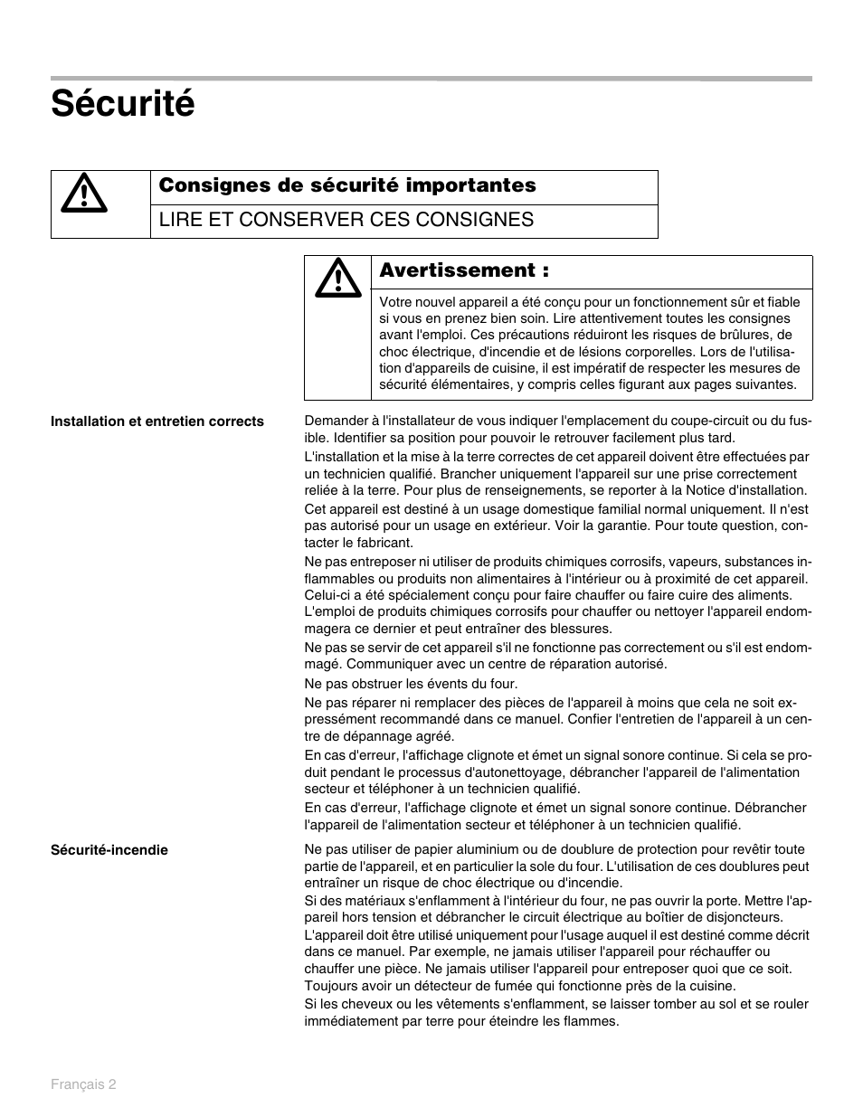 Sécurité, Installation et entretien corrects, Sécurité-incendie | Thermador PO301 User Manual | Page 79 / 120