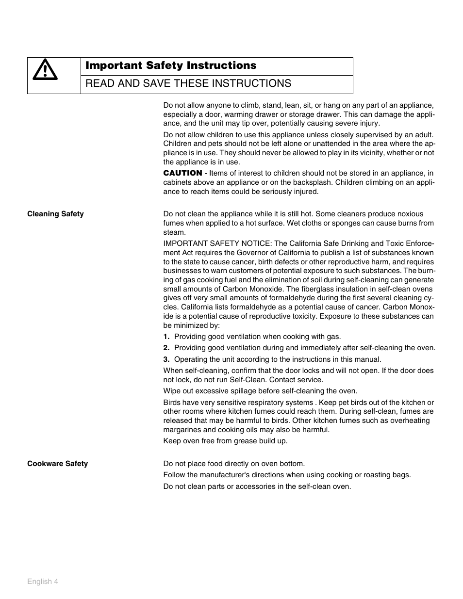 Cleaning safety, Providing good ventilation when cooking with gas, Cookware safety | Thermador PO301 User Manual | Page 8 / 120