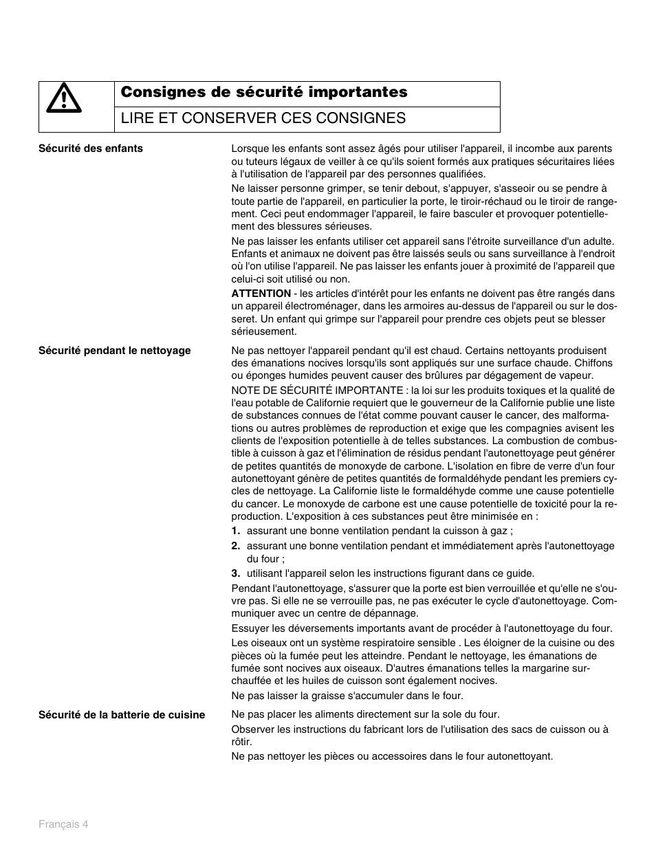 Sécurité des enfants, Sécurité pendant le nettoyage, Sécurité de la batterie de cuisine | Thermador PO301 User Manual | Page 81 / 120