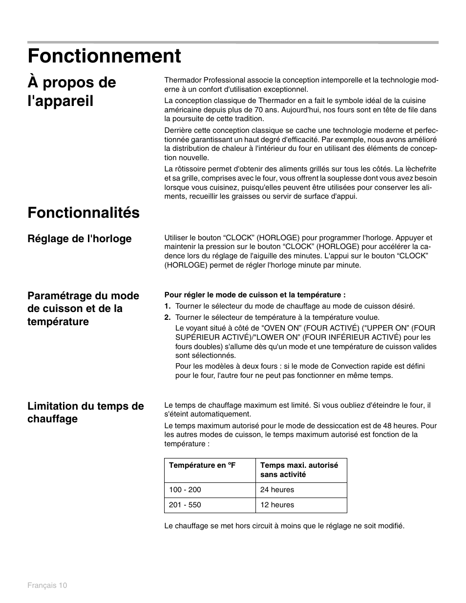 Fonctionnement, À propos de l'appareil, Fonctionnalités | Réglage de l'horloge, Limitation du temps de chauffage | Thermador PO301 User Manual | Page 87 / 120