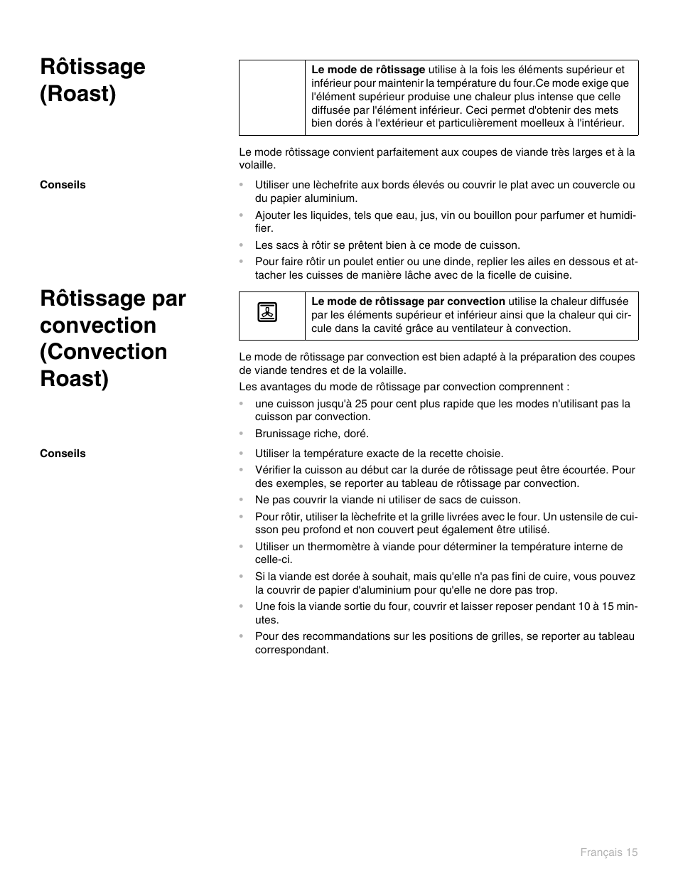 Rôtissage (roast), Conseils, Rôtissage par convection (convection roast) | Thermador PO301 User Manual | Page 92 / 120