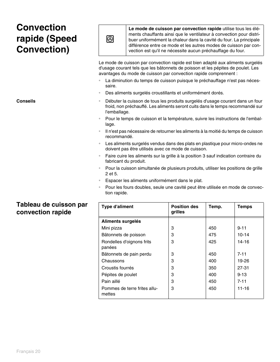 Convection rapide (speed convection), Conseils, Tableau de cuisson par convection rapide | Thermador PO301 User Manual | Page 97 / 120