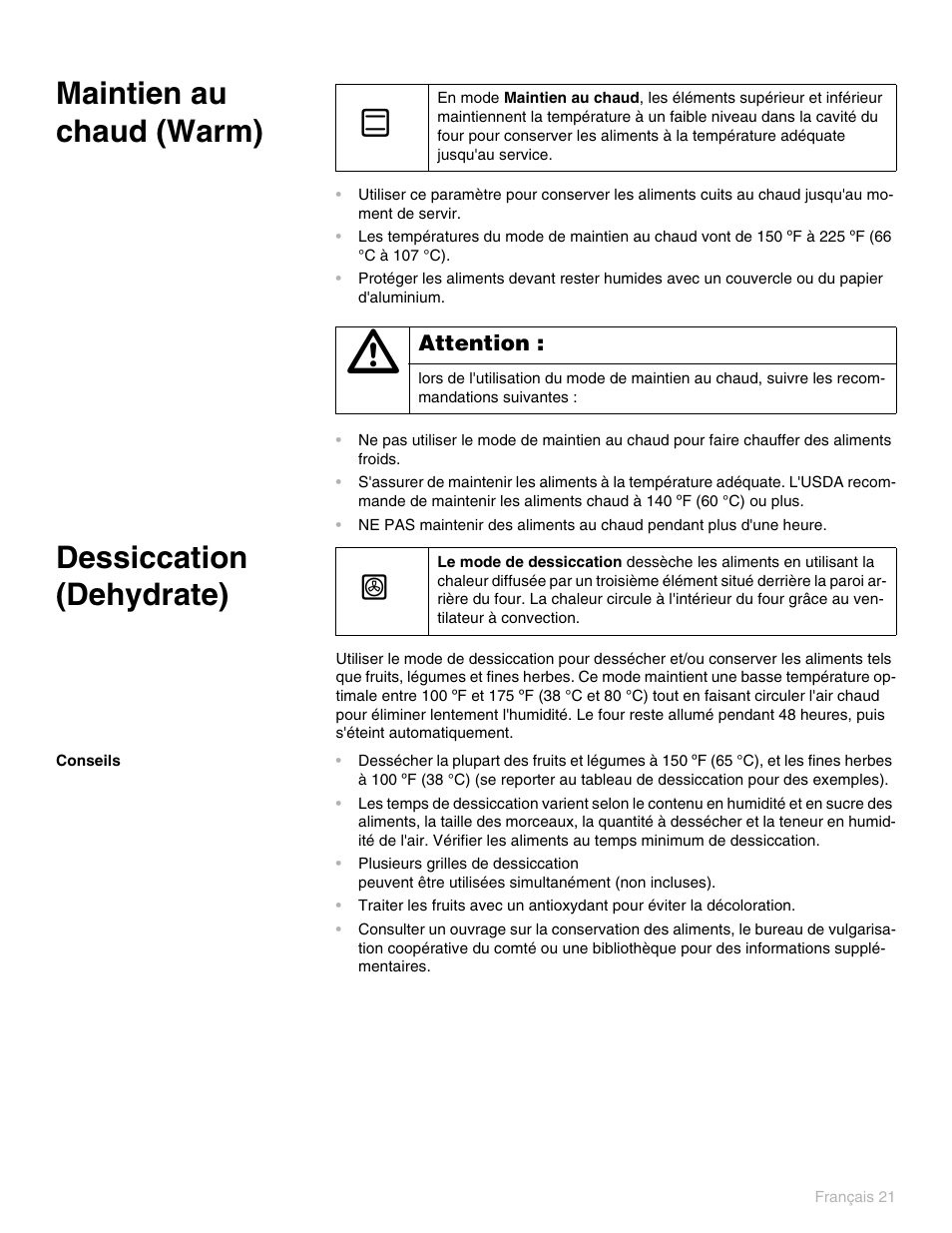 Maintien au chaud (warm), Dessiccation (dehydrate), Conseils | Thermador PO301 User Manual | Page 98 / 120