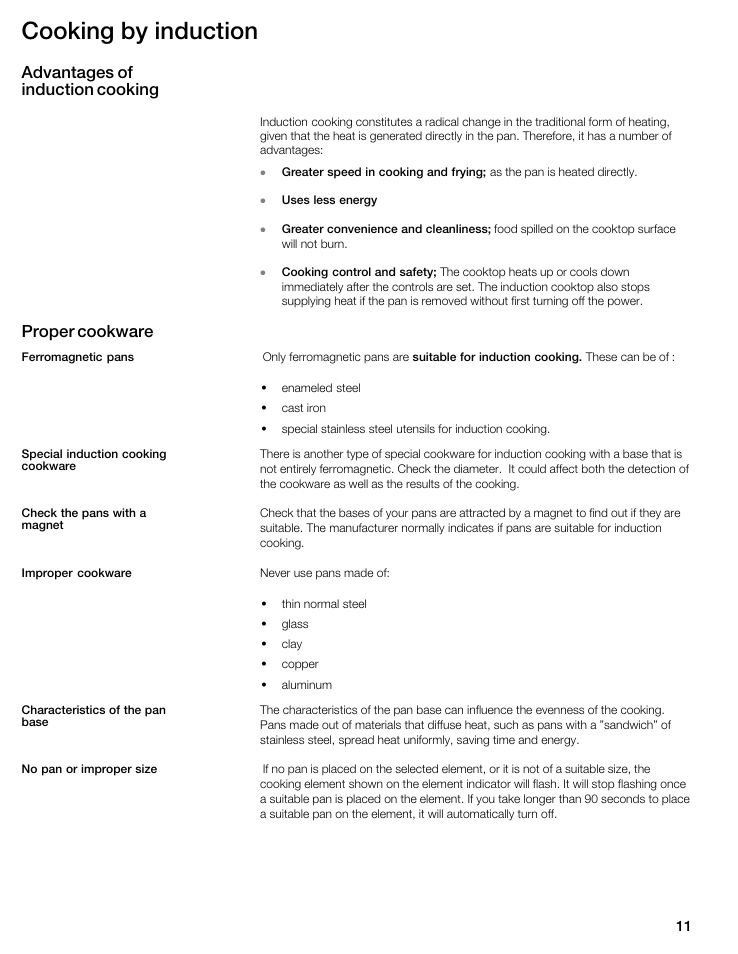Cooking by induction, Advantages of induction cooking, Proper cookware | Thermador CIS365GB User Manual | Page 10 / 113