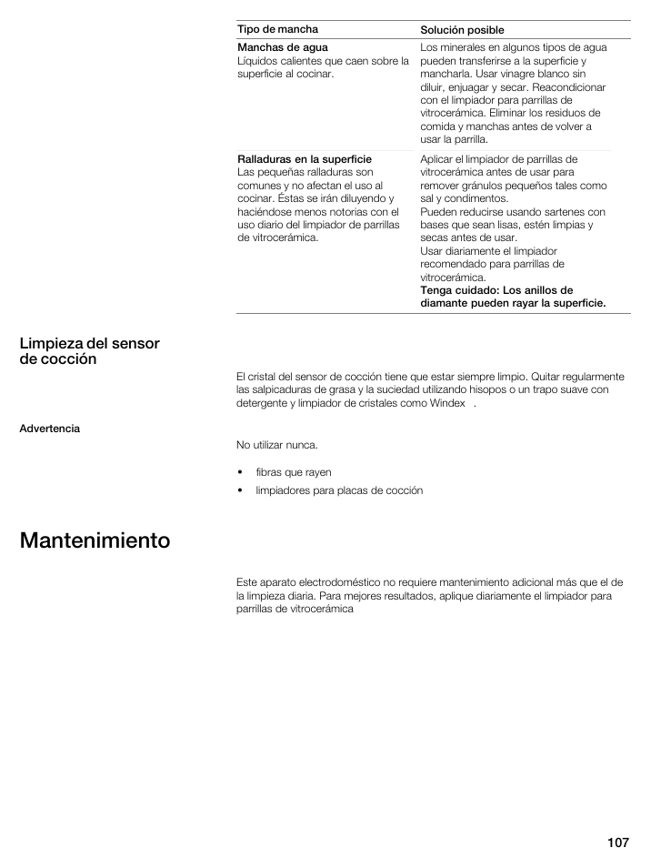 Mantenimiento, Limpieza del sensor de cocción | Thermador CIS365GB User Manual | Page 106 / 113