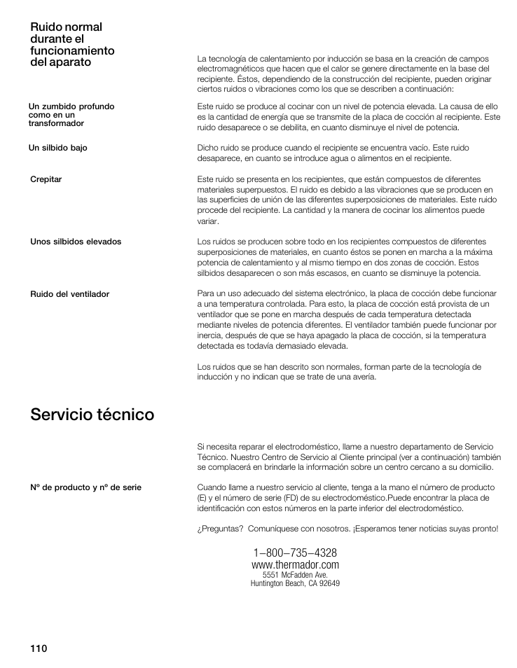 Servicio técnico, Ruido normal durante el funcionamiento del aparato | Thermador CIS365GB User Manual | Page 109 / 113