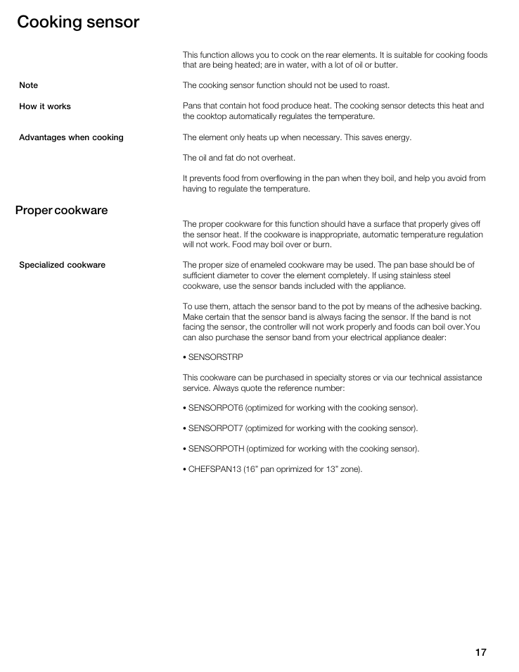 Cooking sensor, Proper cookware | Thermador CIS365GB User Manual | Page 16 / 113