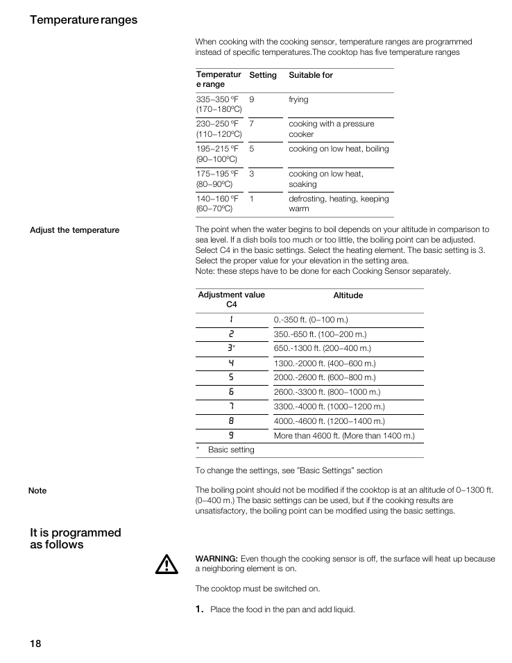 Temperature ranges, It is programmed as follows | Thermador CIS365GB User Manual | Page 17 / 113
