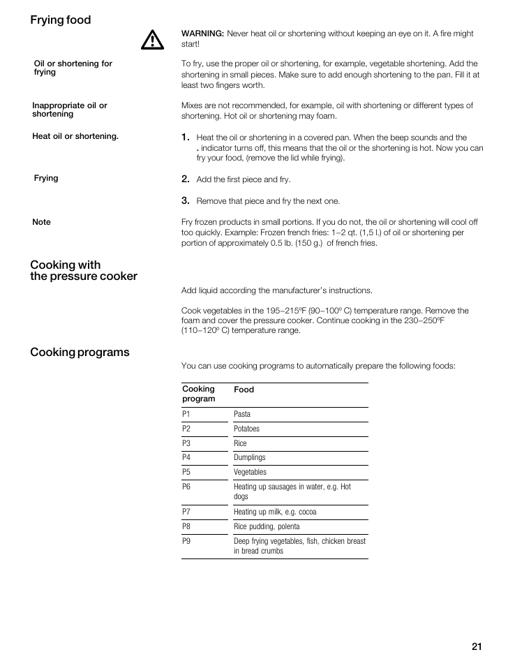 Frying food, Cooking with the pressure cooker, Cooking programs | Thermador CIS365GB User Manual | Page 20 / 113