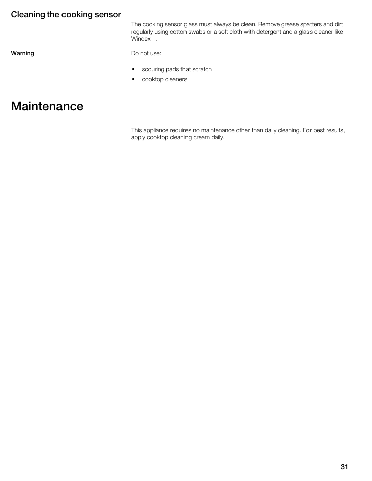 Maintenance, Cleaning the cooking sensor | Thermador CIS365GB User Manual | Page 30 / 113