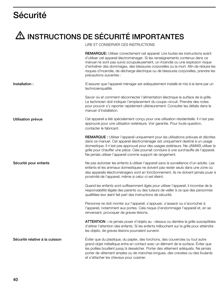Sécurité, Instructions de sécurité importantes | Thermador CIS365GB User Manual | Page 39 / 113