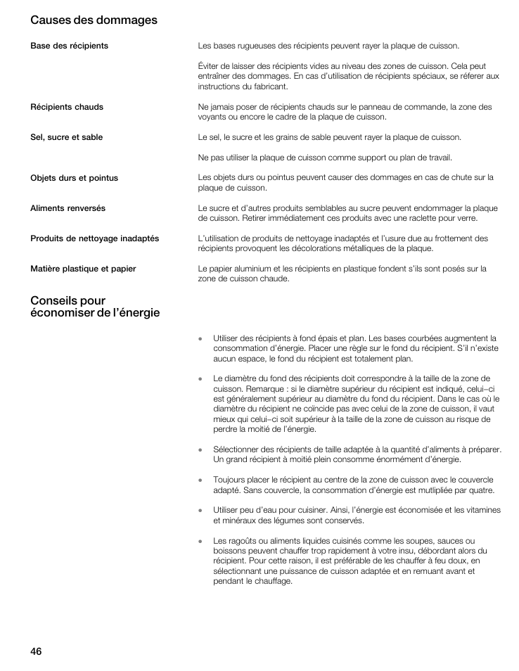 Causes des dommages, Conseils pour économiser de l'énergie | Thermador CIS365GB User Manual | Page 45 / 113