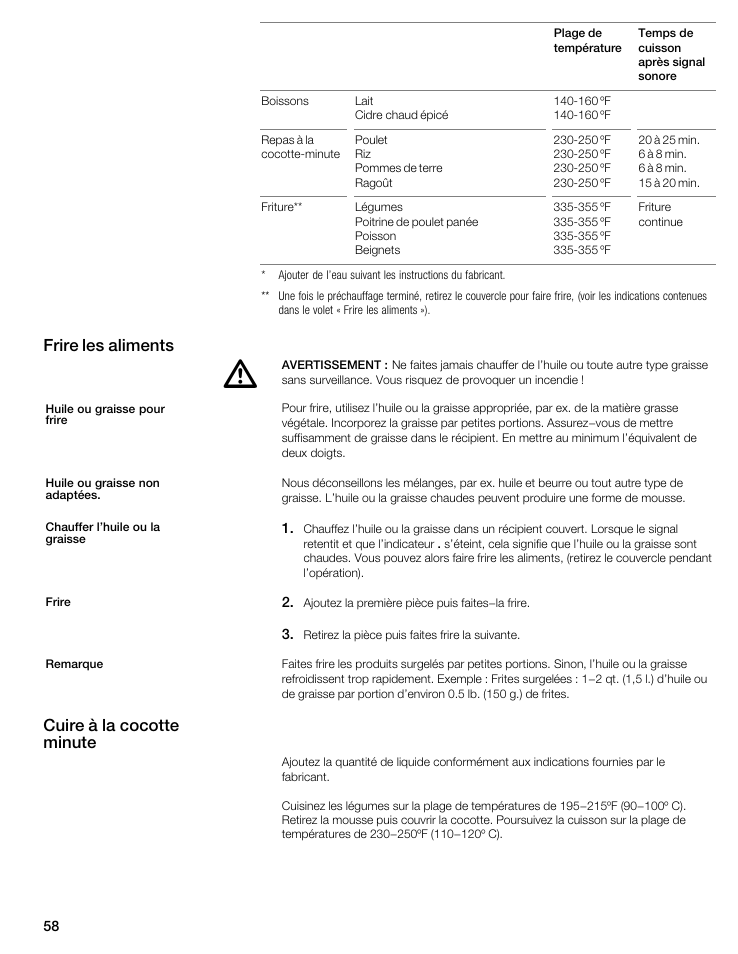 Frire les aliments, Cuire à la cocotte minute | Thermador CIS365GB User Manual | Page 57 / 113