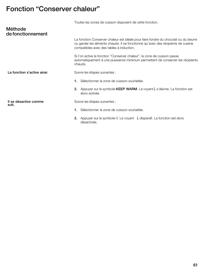 Fonction conserver chaleur, Méthode de fonctionnement | Thermador CIS365GB User Manual | Page 60 / 113