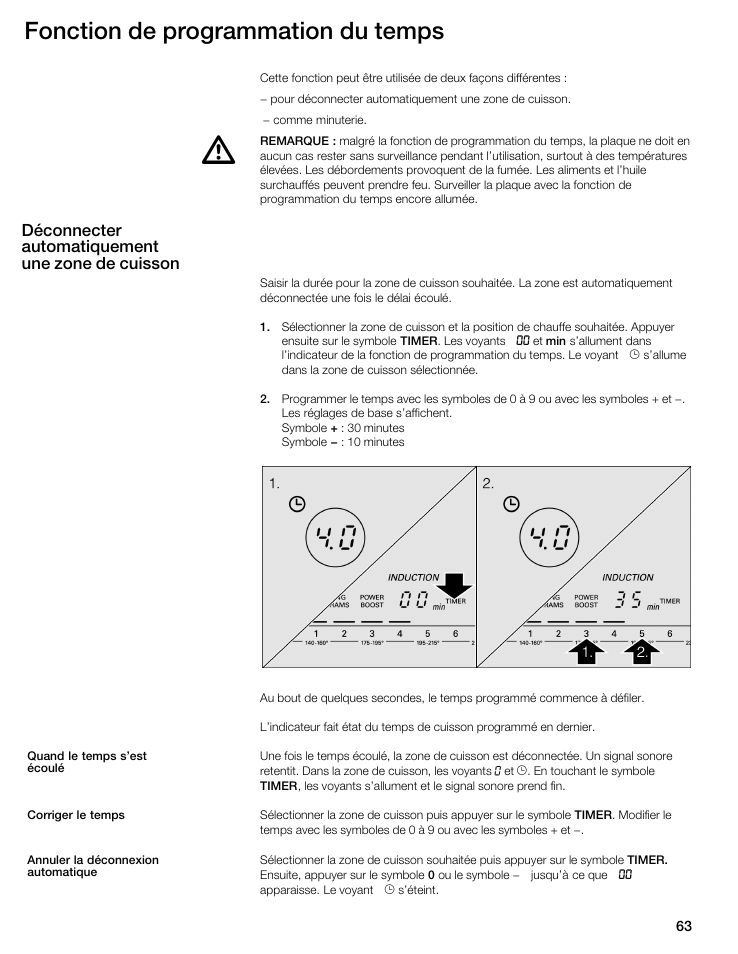 Fonction de programmation du temps, Déconnecter automatiquement une zone de cuisson | Thermador CIS365GB User Manual | Page 62 / 113
