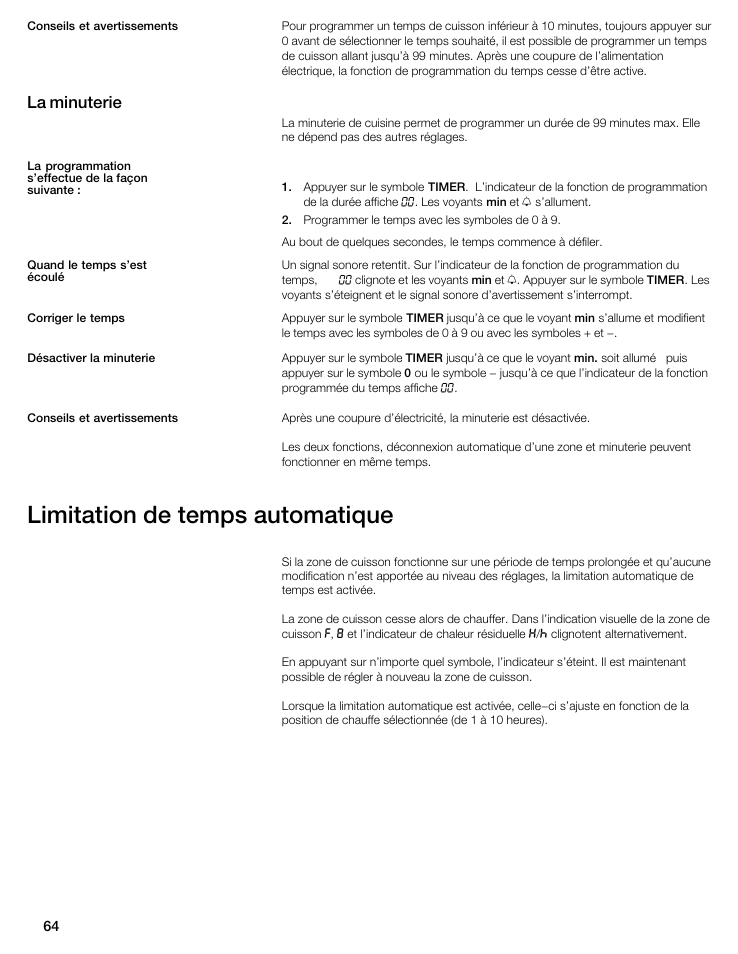 Limitation de temps automatique, La minuterie | Thermador CIS365GB User Manual | Page 63 / 113