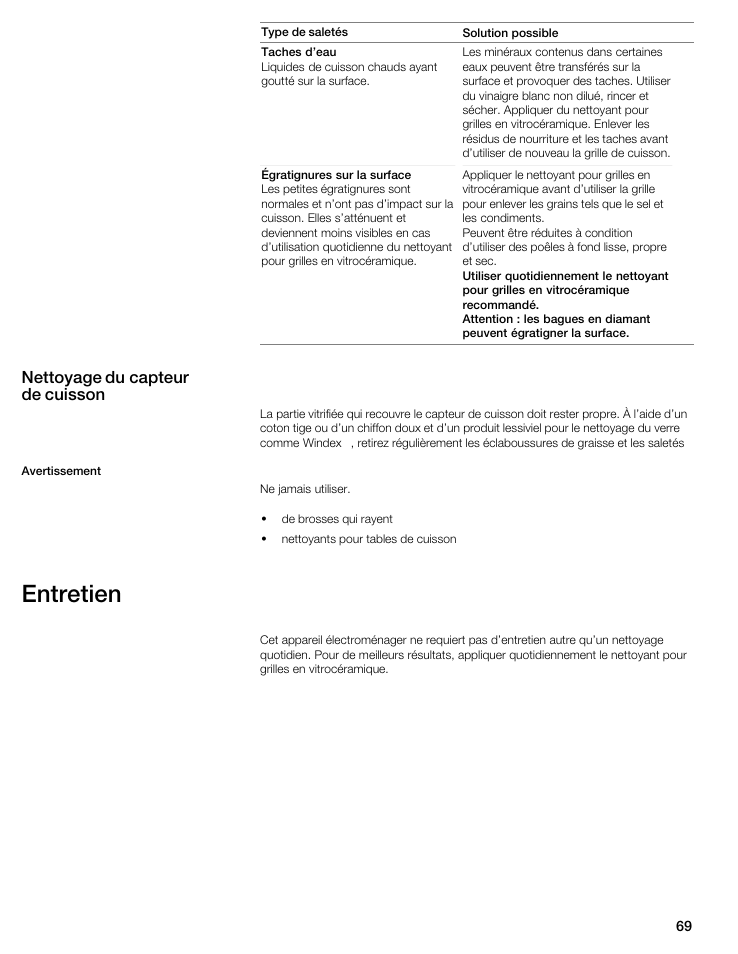 Entretien, Nettoyage du capteur de cuisson | Thermador CIS365GB User Manual | Page 68 / 113