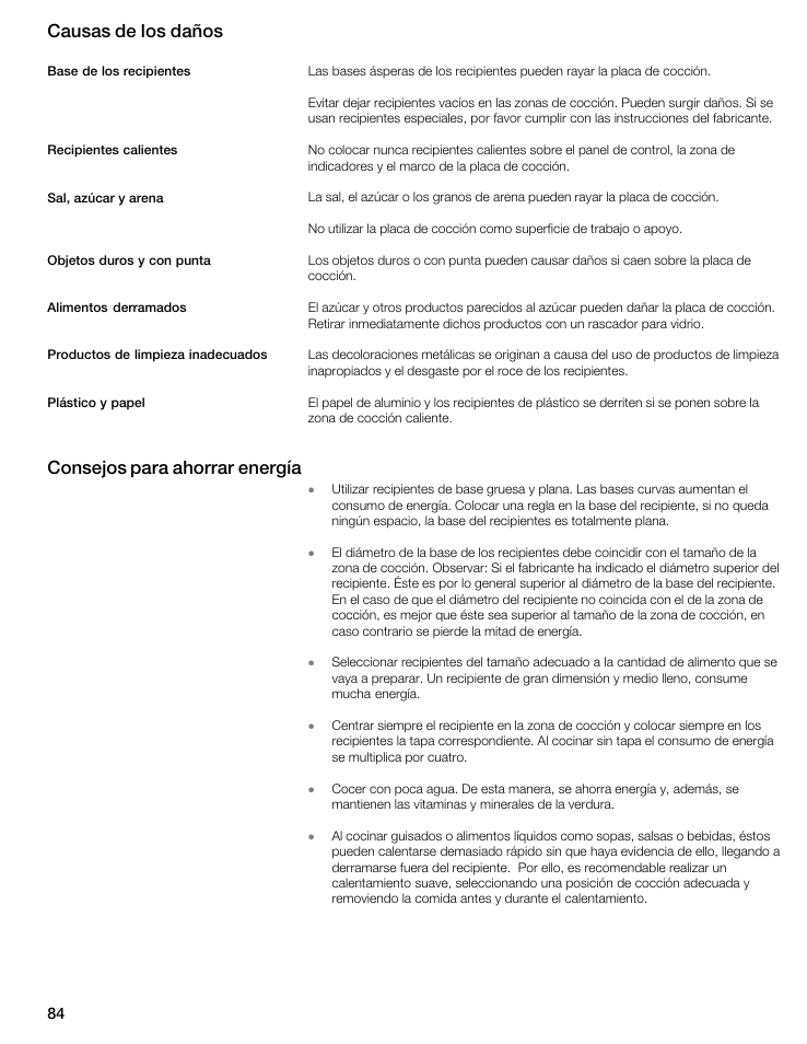Causas de los daños, Consejos para ahorrar energía | Thermador CIS365GB User Manual | Page 83 / 113