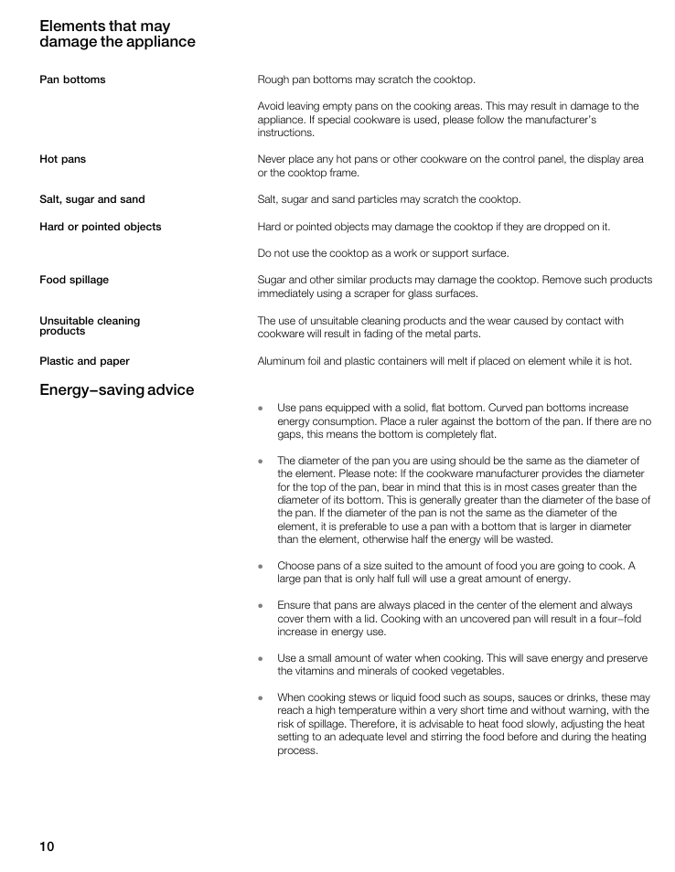 Elements that may damage the appliance, Energy-saving advice | Thermador CIS365GB User Manual | Page 9 / 113