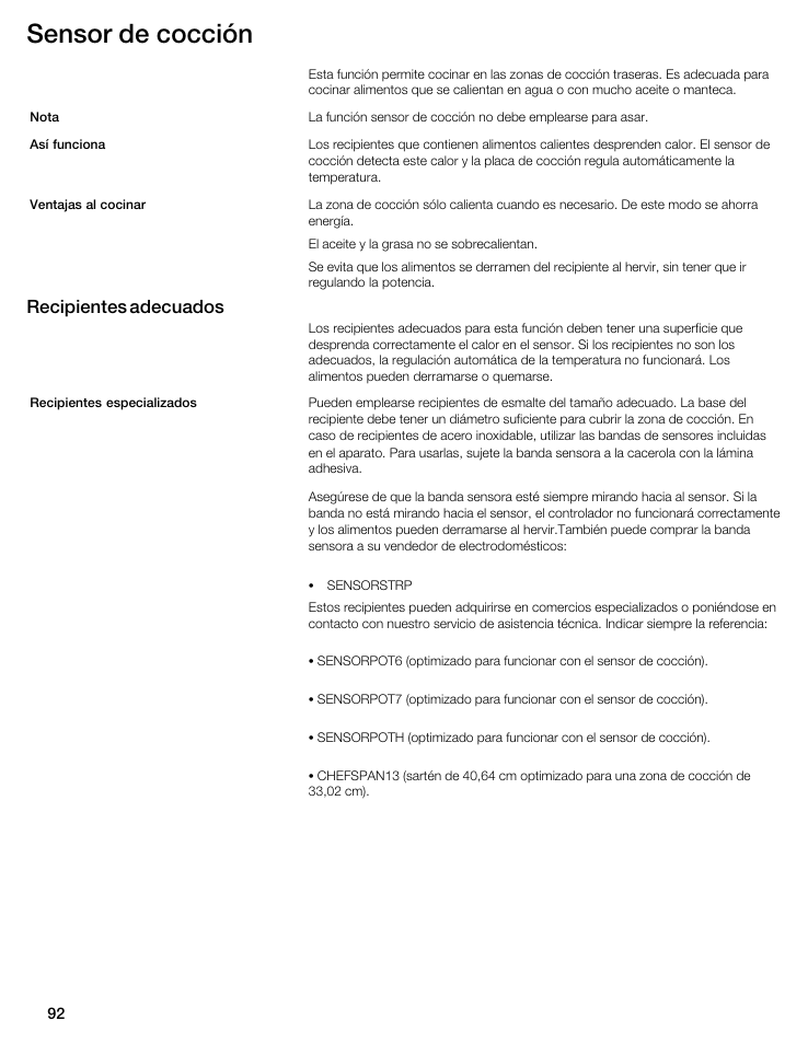 Sensor de cocción, Recipientes adecuados | Thermador CIS365GB User Manual | Page 91 / 113